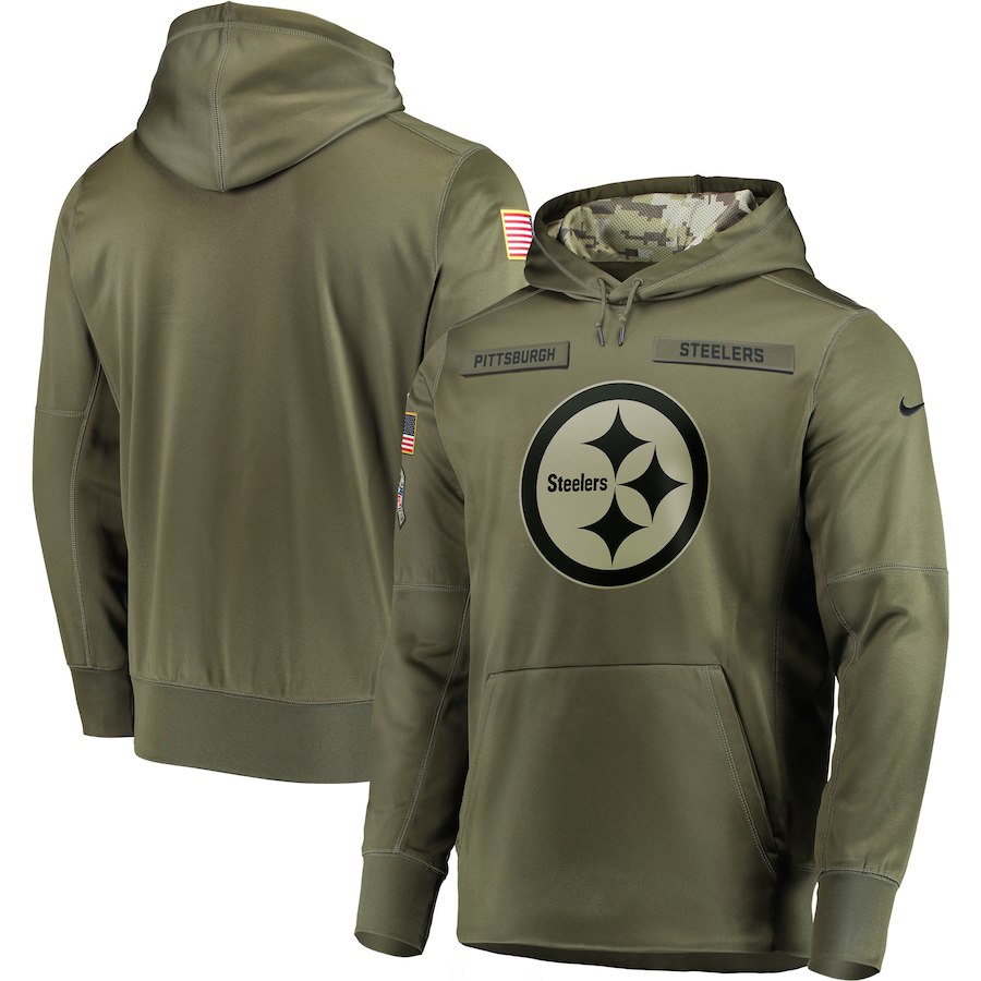 Men's Pittsburgh Steelers 2018 Olive Salute to Service Sideline Therma Performance Pullover Stitched Hoodie